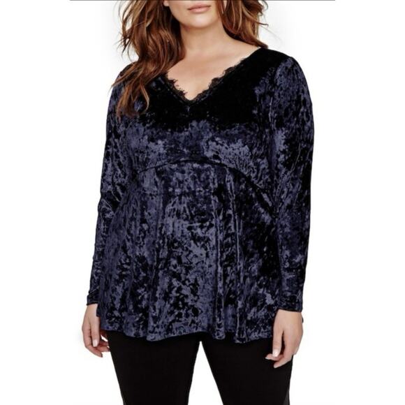 Michel Studio Blue Crushed Velvet Lace Babydoll Top Sz 2X Boho Witchy Flowy Goth - Picture 1 of 8